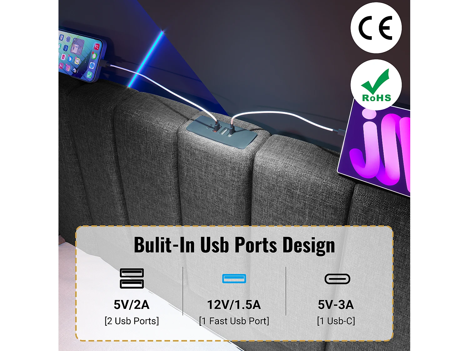 Łóżko tapicerowane z lnu 160×200cm - z LED i ładowaniem - z stelażem na listwach - Szare