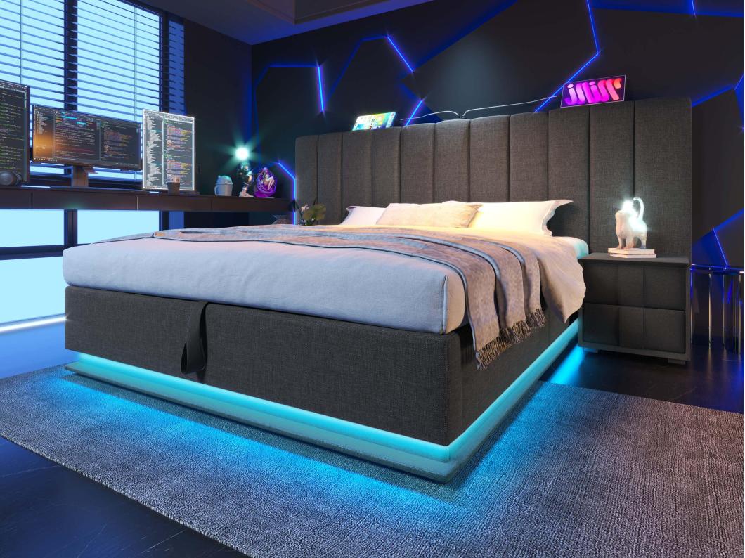 Gestoffeerd linnenopbergbed 160×200cm - met LED en opladen - met lattenbodem - Grijs