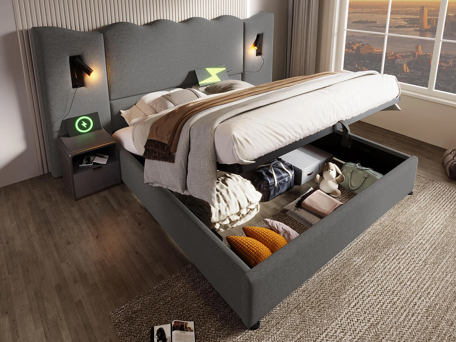 Cama de arrumação em linho 180x200cm - com luz de leitura e função de carregamento - com base de ripas - Cinzento