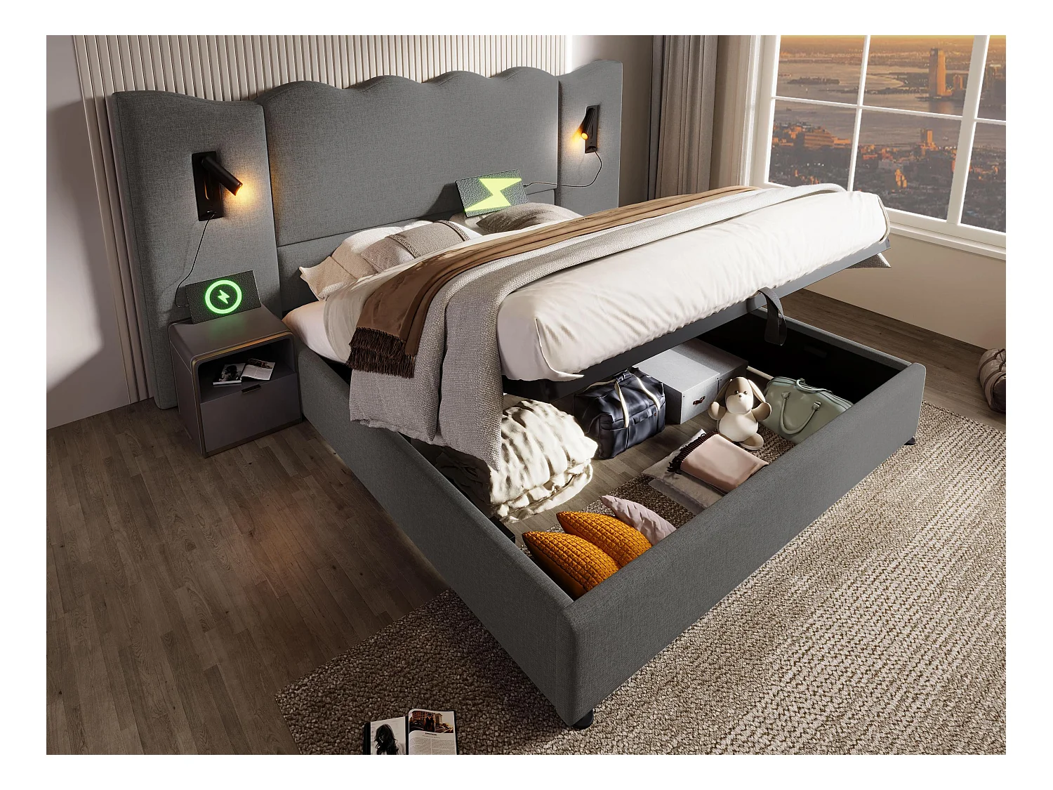 Lit de rangement 180x200cm en lin - avec liseuse et fonction chargement - avec sommier à lattes - Gris