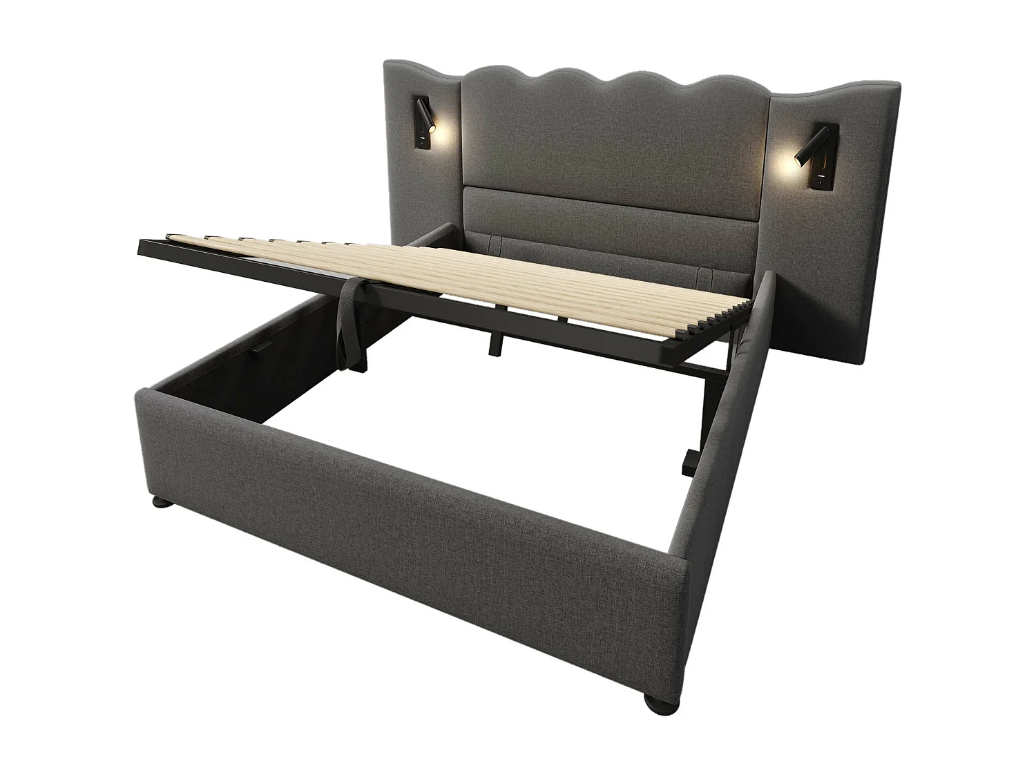 Lit de rangement 180x200cm en lin - avec liseuse et fonction chargement - avec sommier à lattes - Gris