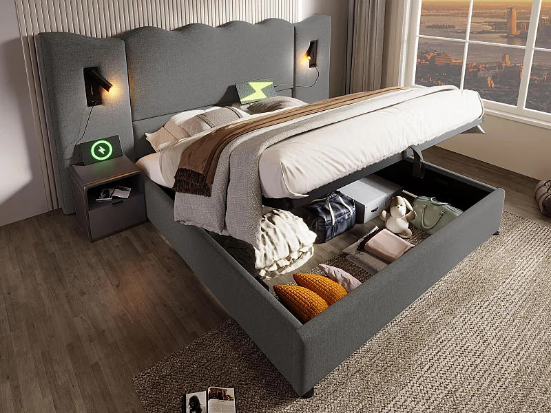 Lit de rangement 180x200cm en lin - avec liseuse et fonction chargement - avec sommier à lattes - Gris