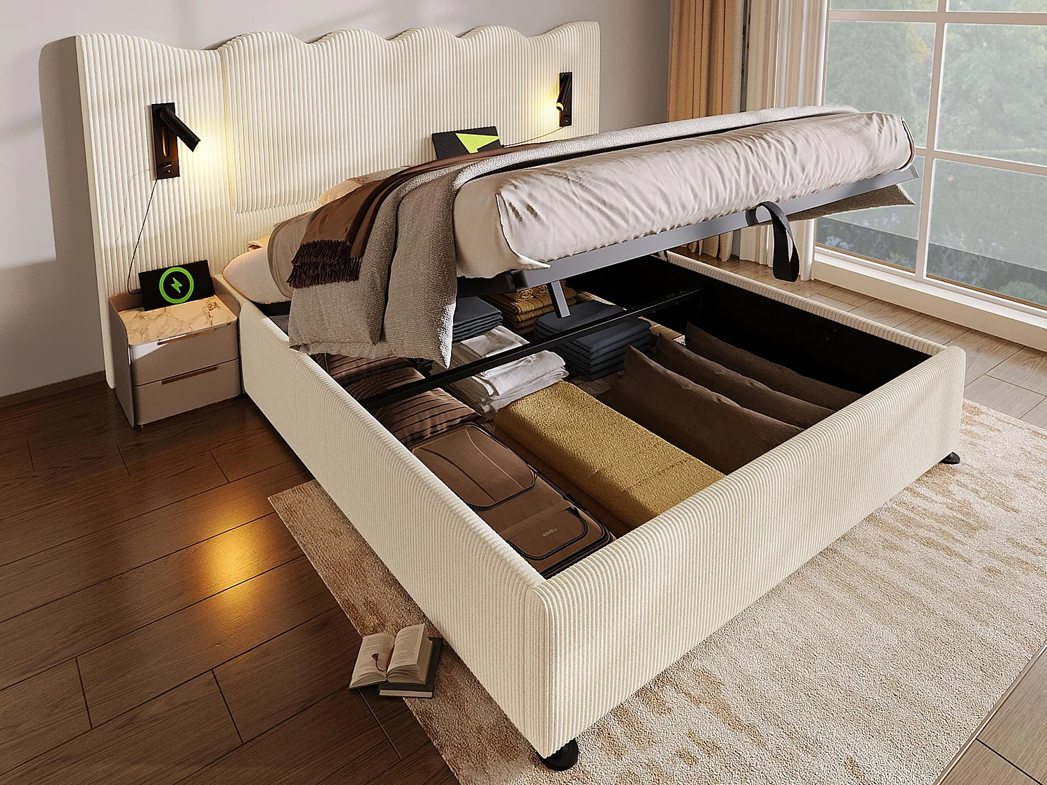 Opbergbed 180x200cm in corduroy - met leeslampje en oplaadfunctie - met lattenbodem - Beige