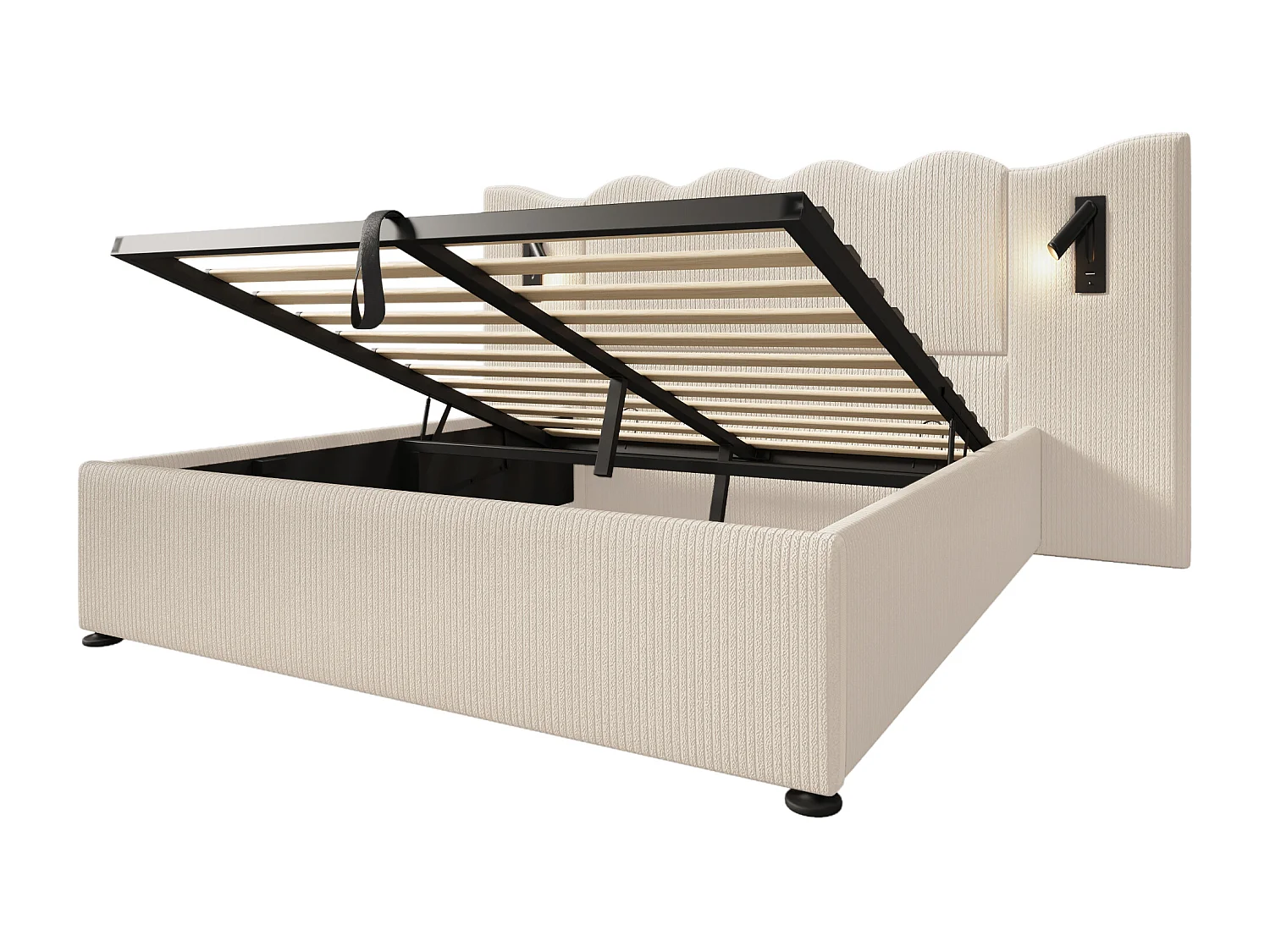 Opbergbed 180x200cm in corduroy - met leeslampje en oplaadfunctie - met lattenbodem - Beige