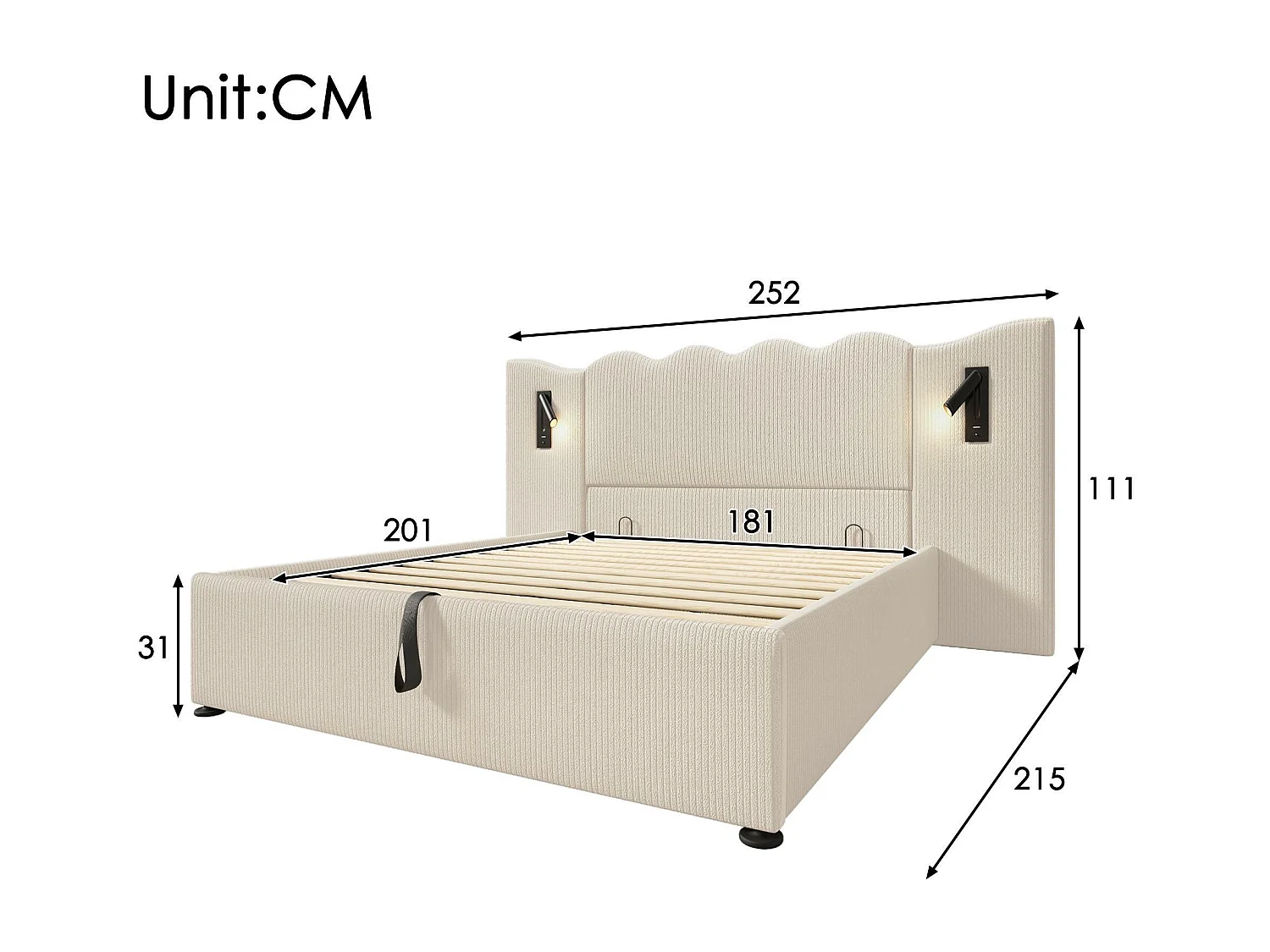 Opbergbed 180x200cm in corduroy - met leeslampje en oplaadfunctie - met lattenbodem - Beige
