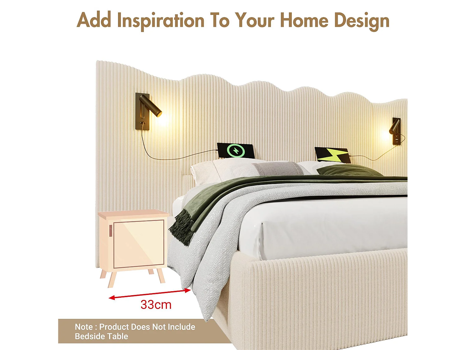 180x200cm Corduroy Storage Bed - with Reading Light and Loading Function - with Slatted Base - Beige