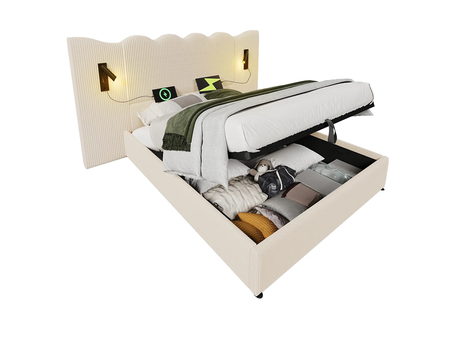 180x200cm Corduroy Storage Bed - with Reading Light and Loading Function - with Slatted Base - Beige