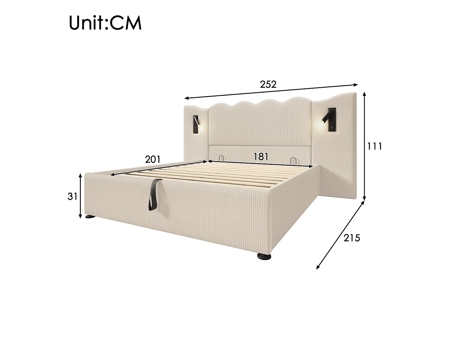 180x200cm Corduroy Storage Bed - with Reading Light and Loading Function - with Slatted Base - Beige