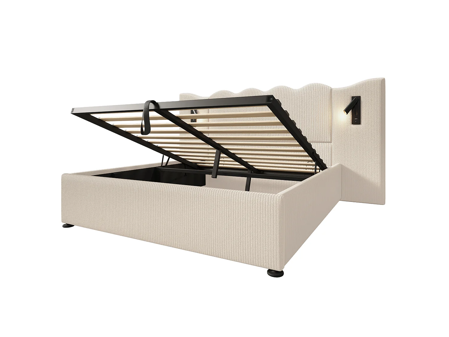 180x200cm Corduroy Storage Bed - with Reading Light and Loading Function - with Slatted Base - Beige