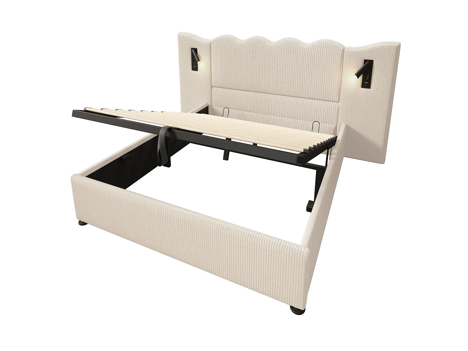 180x200cm Corduroy Storage Bed - with Reading Light and Loading Function - with Slatted Base - Beige