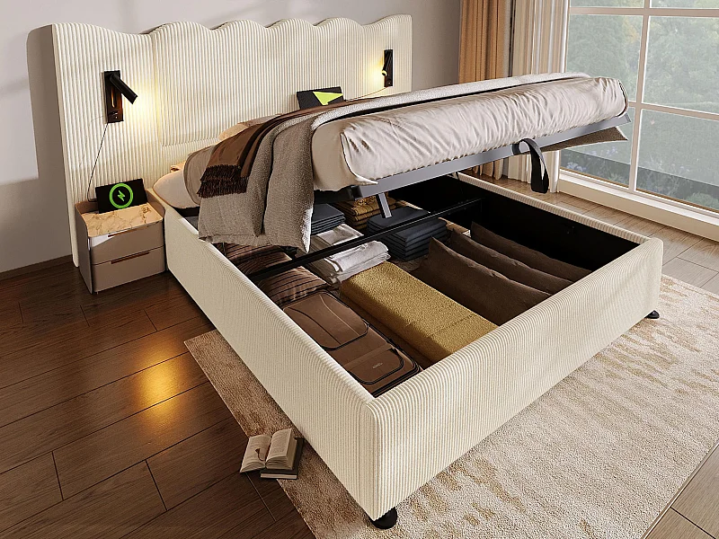 Opbergbed 180x200cm in corduroy - met leeslampje en oplaadfunctie - met lattenbodem - Beige