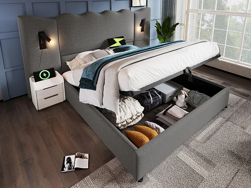 Bett mit Stauraum aus Leinen, 160 x 200 cm – mit Leselampe und Ladefunktion – mit Lattenrost – Grau