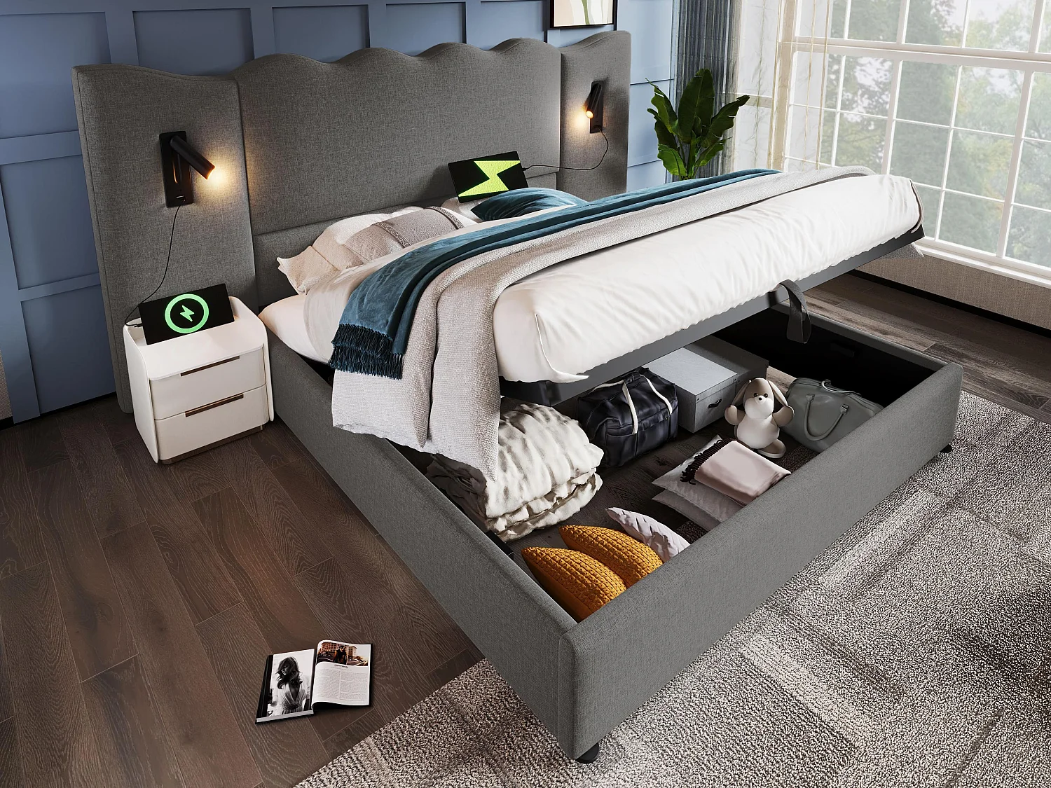 Cama de arrumação em linho 160x200cm - com luz de leitura e função de carregamento - com base de ripas - Cinzento