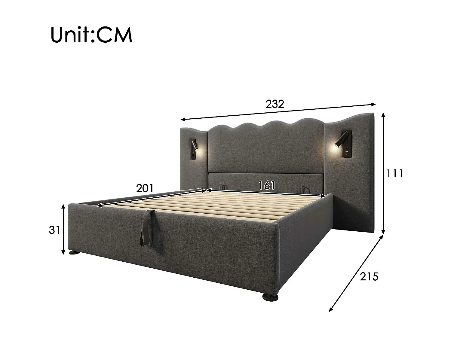 Cama de arrumação em linho 160x200cm - com luz de leitura e função de carregamento - com base de ripas - Cinzento