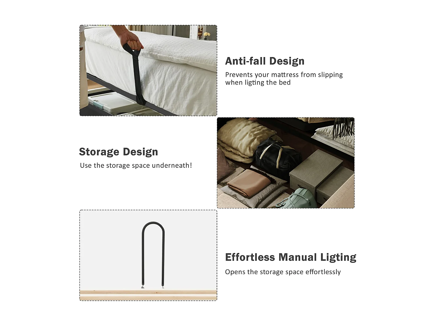 Cama de arrumação em linho 160x200cm - com luz de leitura e função de carregamento - com base de ripas - Cinzento