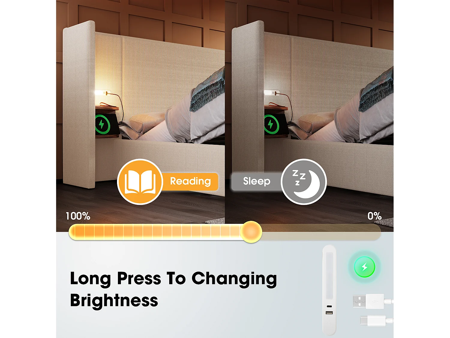 160 x 200 cm großes Stauraumbett aus Cord – 2 Nachttische mit Leselampe und Ladefunktion – mit Lattenrost – Beige