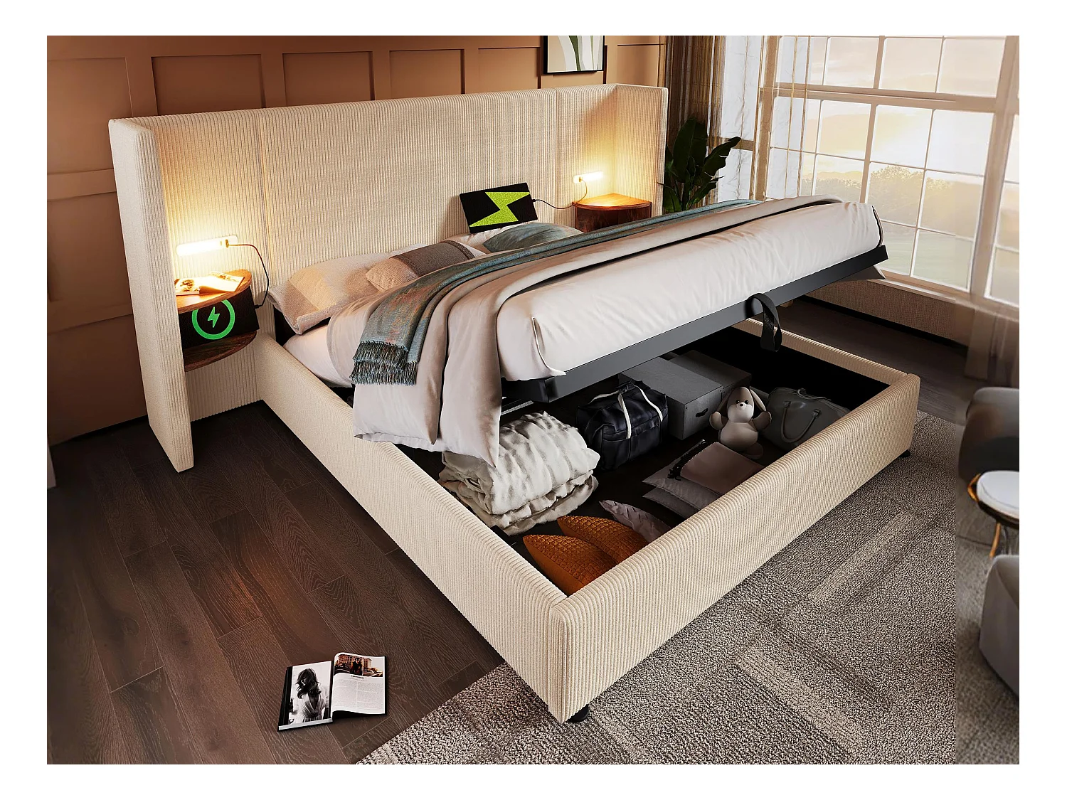Lit coffre 160x200cm en velours côtelé - 2 tables de chavet avec liseuse et fonction chargement - avec sommier à lattes - Beige