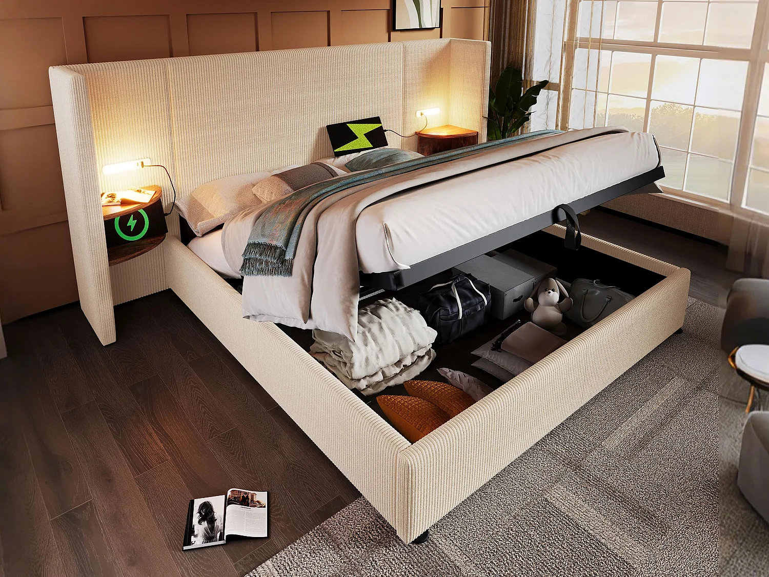 Lit coffre 160x200cm en velours côtelé - 2 tables de chavet avec liseuse et fonction chargement - avec sommier à lattes - Beige