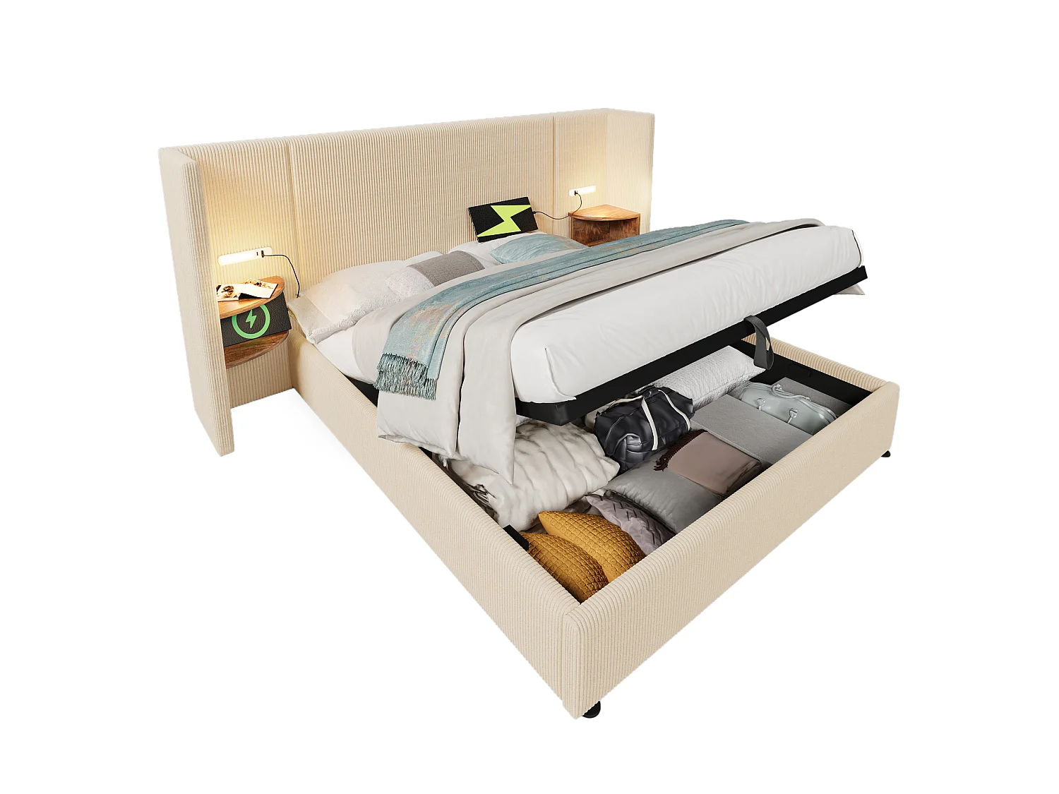 160x200cm Corduroy Storage Bed - 2 Bedside Tables with Reading Lights and Loading Function - with Slatted Base - Beige