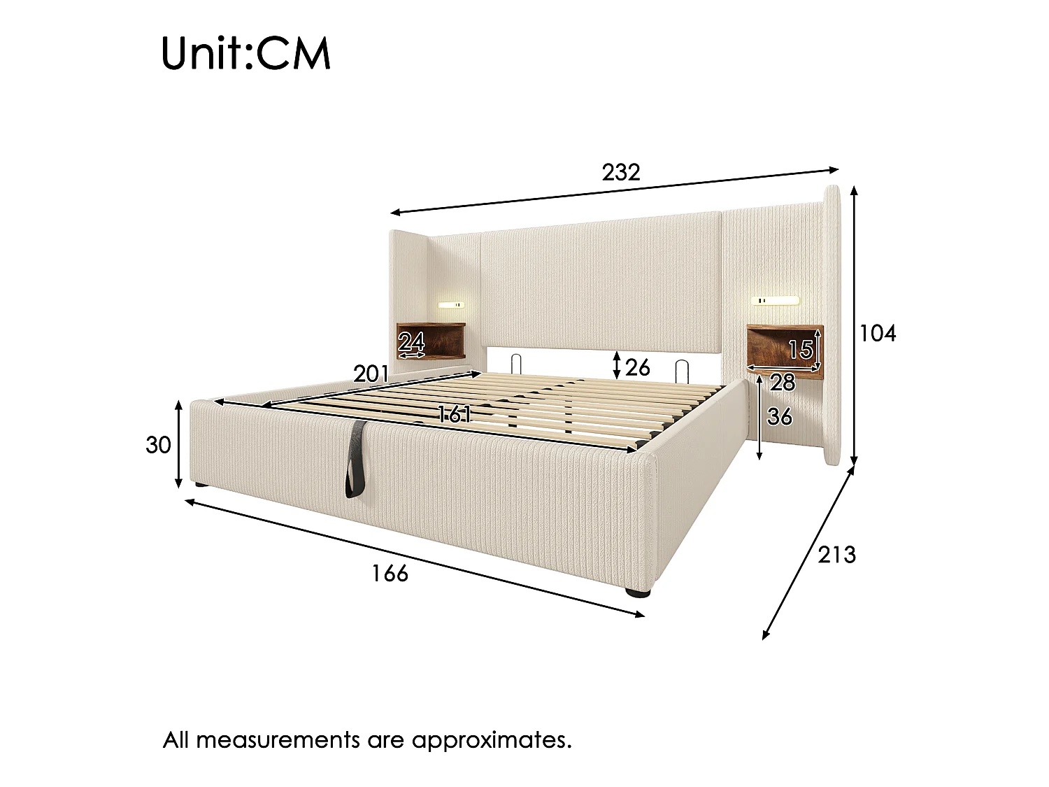 160x200cm Corduroy Storage Bed - 2 Bedside Tables with Reading Lights and Loading Function - with Slatted Base - Beige