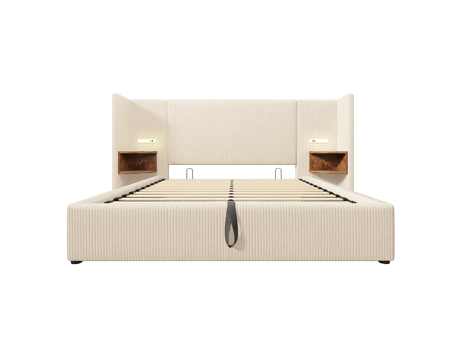 160x200cm Corduroy Storage Bed - 2 Bedside Tables with Reading Lights and Loading Function - with Slatted Base - Beige