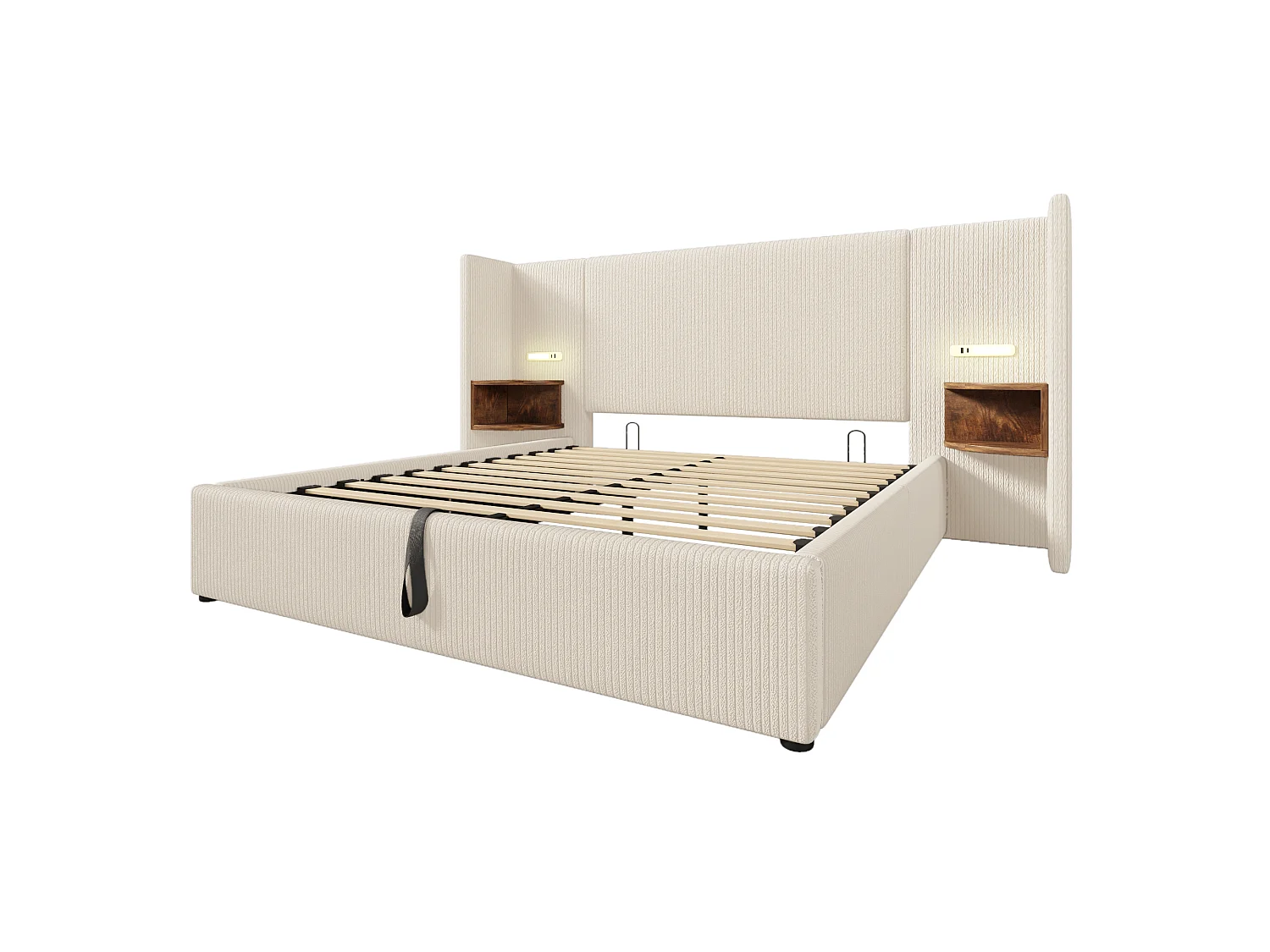 160x200cm Corduroy Storage Bed - 2 Bedside Tables with Reading Lights and Loading Function - with Slatted Base - Beige