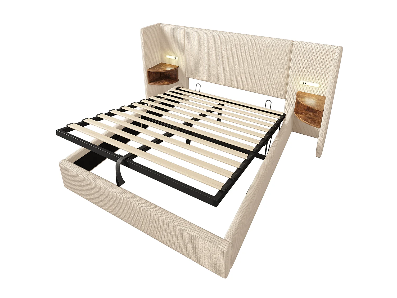 160x200cm Corduroy Storage Bed - 2 Bedside Tables with Reading Lights and Loading Function - with Slatted Base - Beige