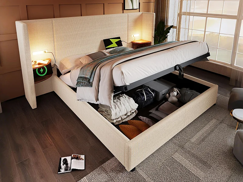 Lit coffre 160x200cm en velours côtelé - 2 tables de chavet avec liseuse et fonction chargement - avec sommier à lattes - Beige