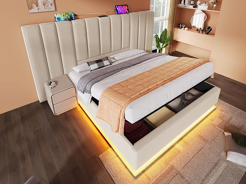 Gestoffeerd linnenopbergbed 180×200cm - met LED en opladen - met lattenbodem - Beige