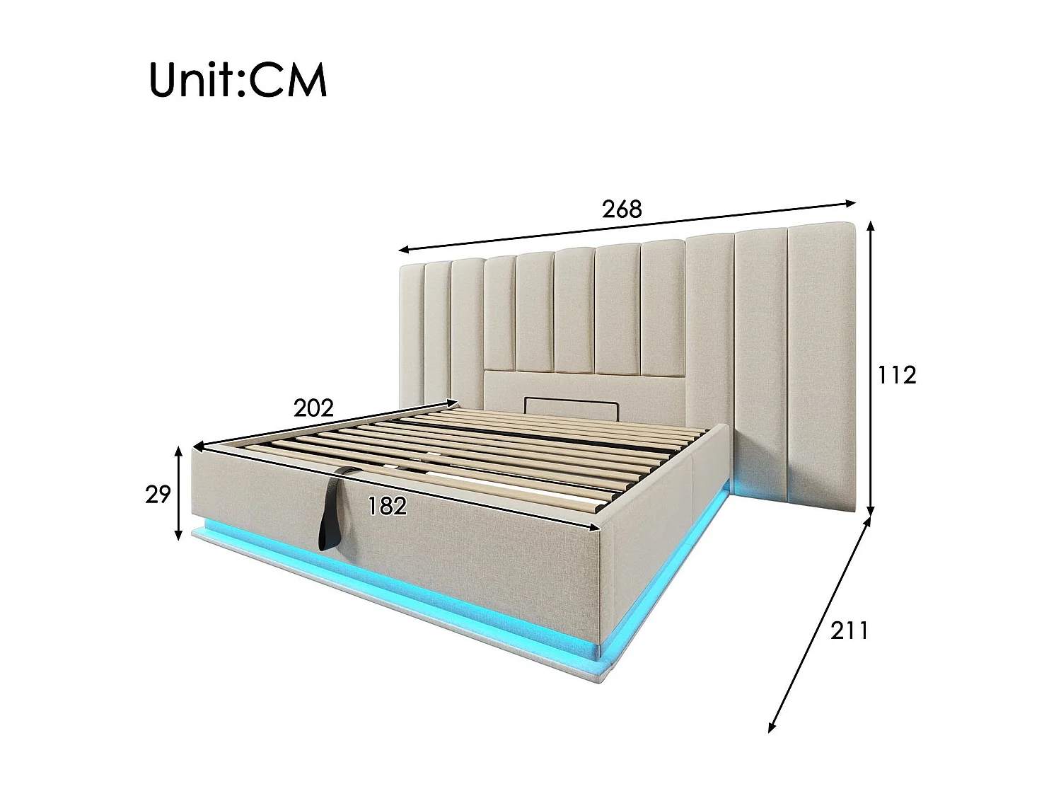 Cama contenedor tapizada de lino 180×200 cm - con LED y carga - con somier de láminas - Beige