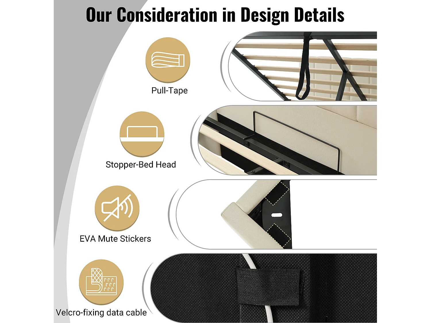 Cama contenedor tapizada de lino 180×200 cm - con LED y carga - con somier de láminas - Beige