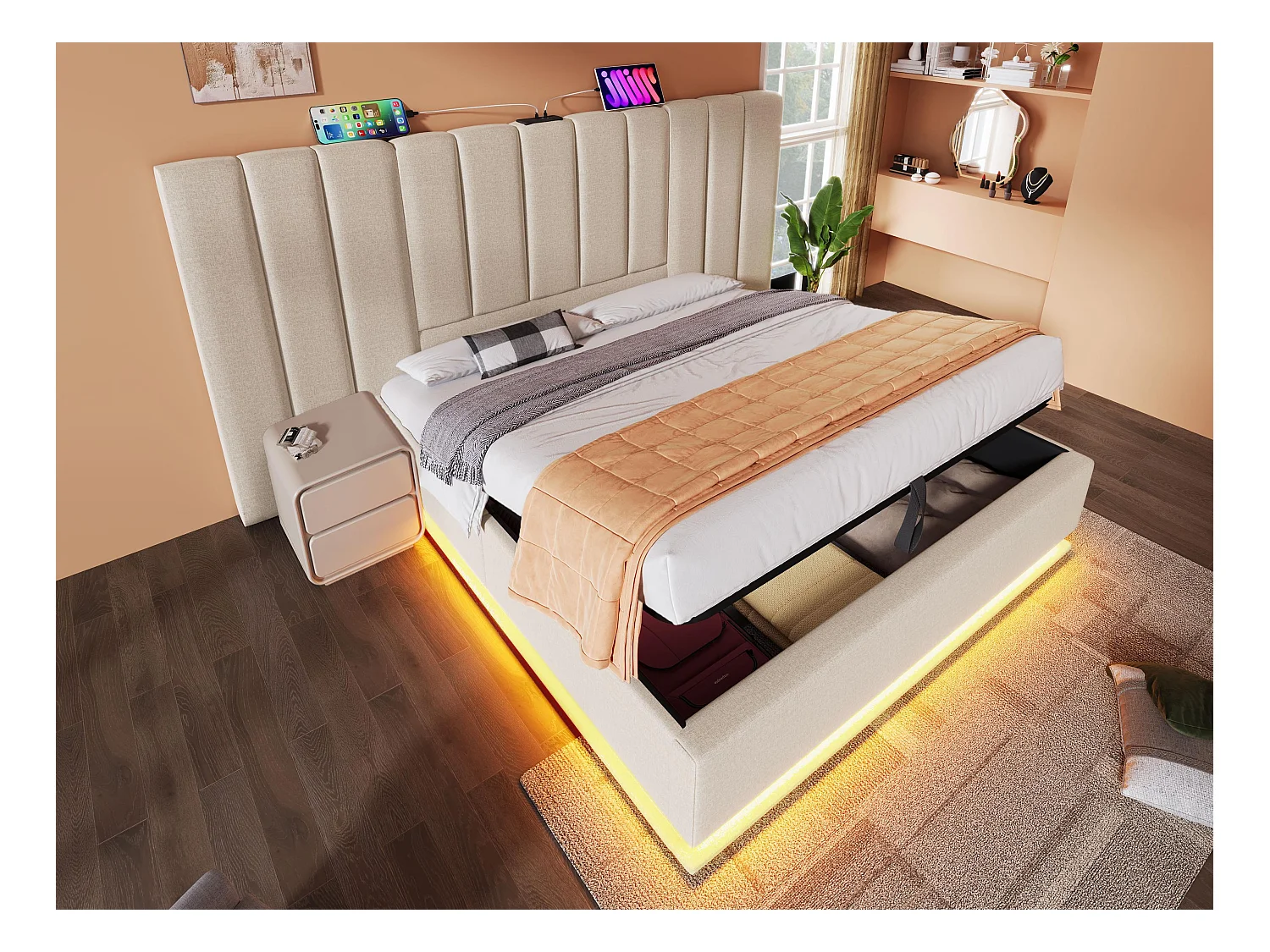 Łóżko tapicerowane z lnu 180×200cm - z LED i ładowaniem - z stelażem na listwach - Beżowe