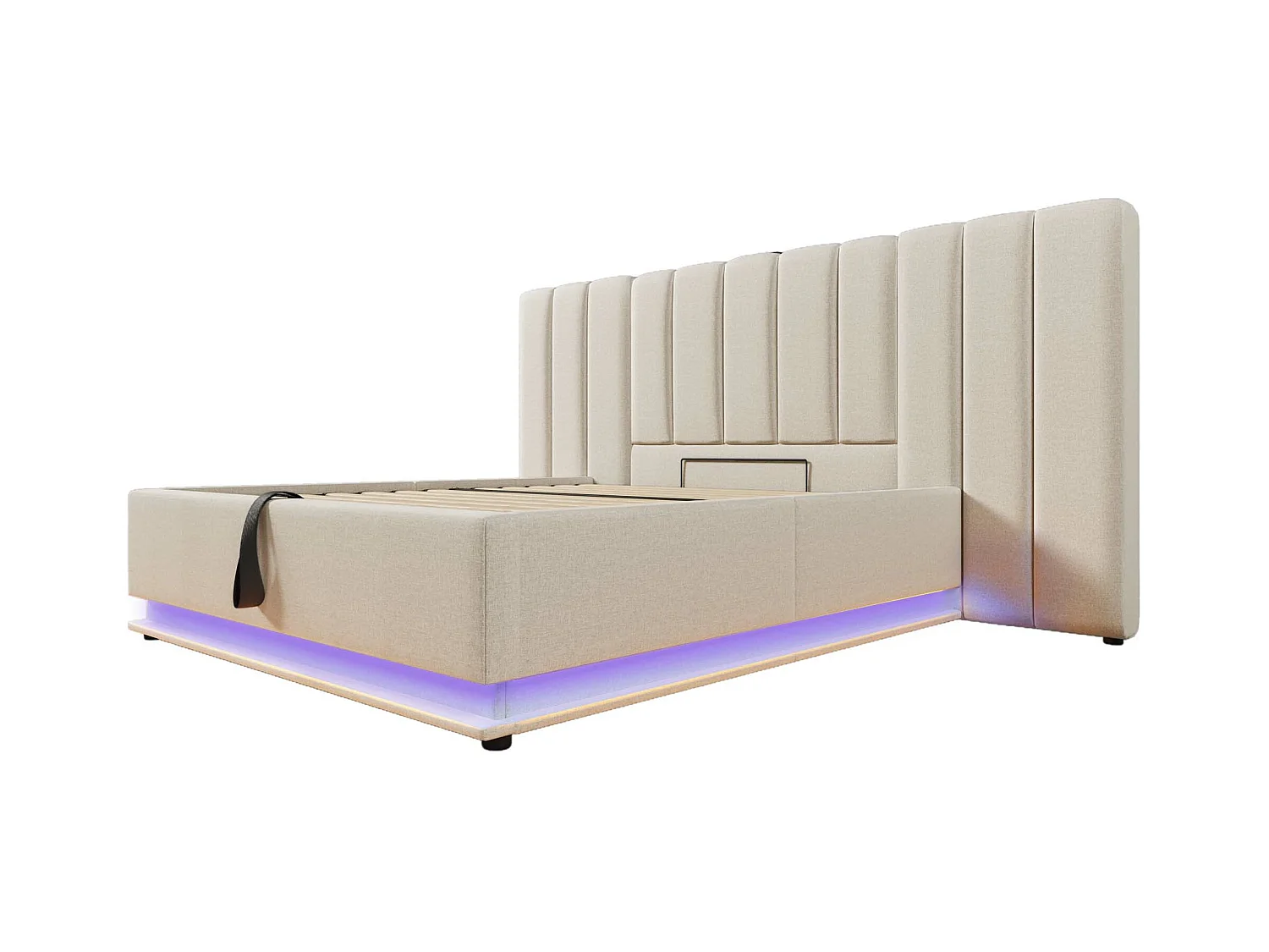 Cama estofada em linho 180×200cm - com LED e carregamento - com base de ripas - Bege