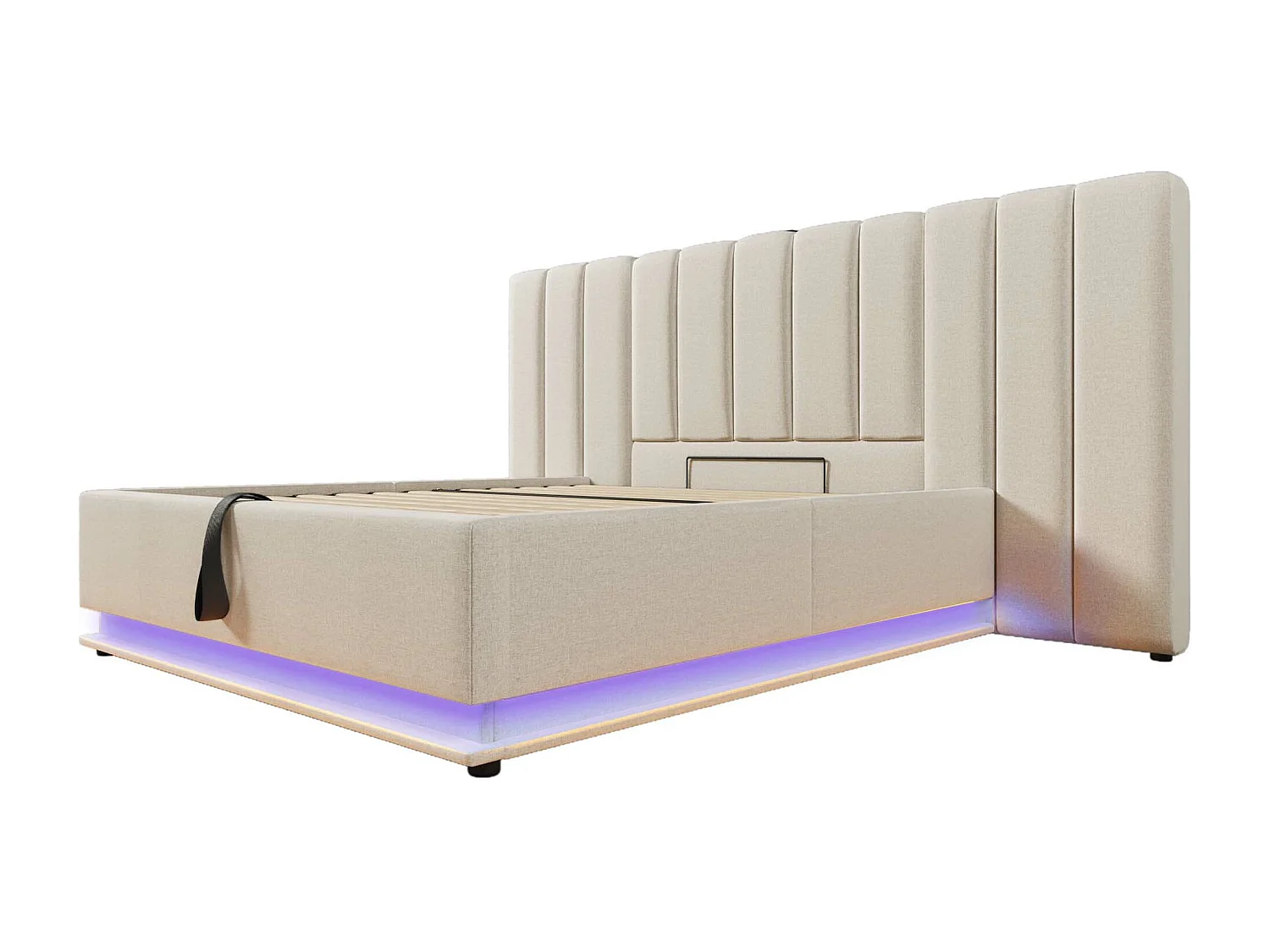 Lit coffre rembourré en lin 180×200cm - avec LED et chargements - avec sommier à lattes - Beige
