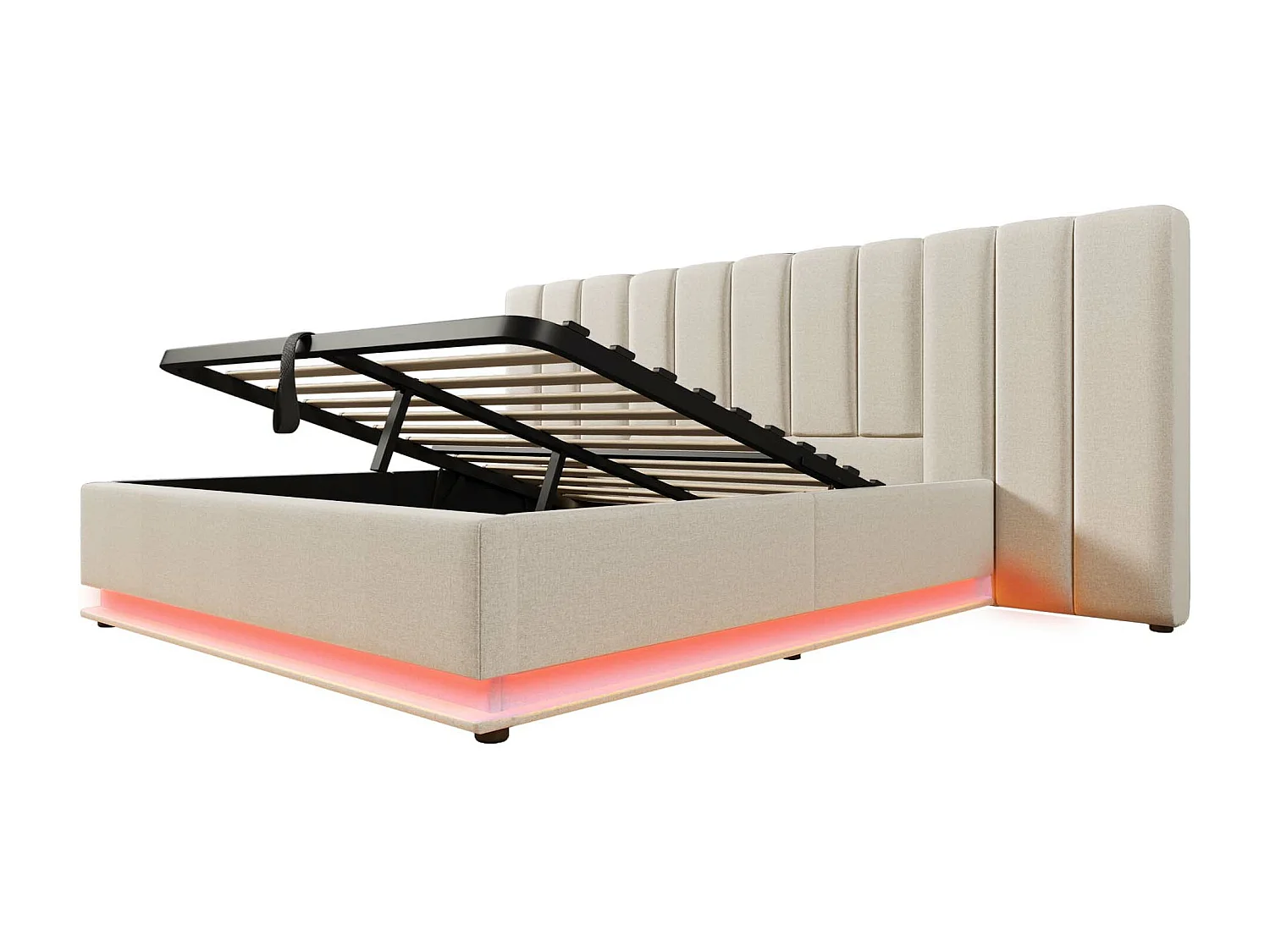Lit coffre rembourré en lin 180×200cm - avec LED et chargements - avec sommier à lattes - Beige