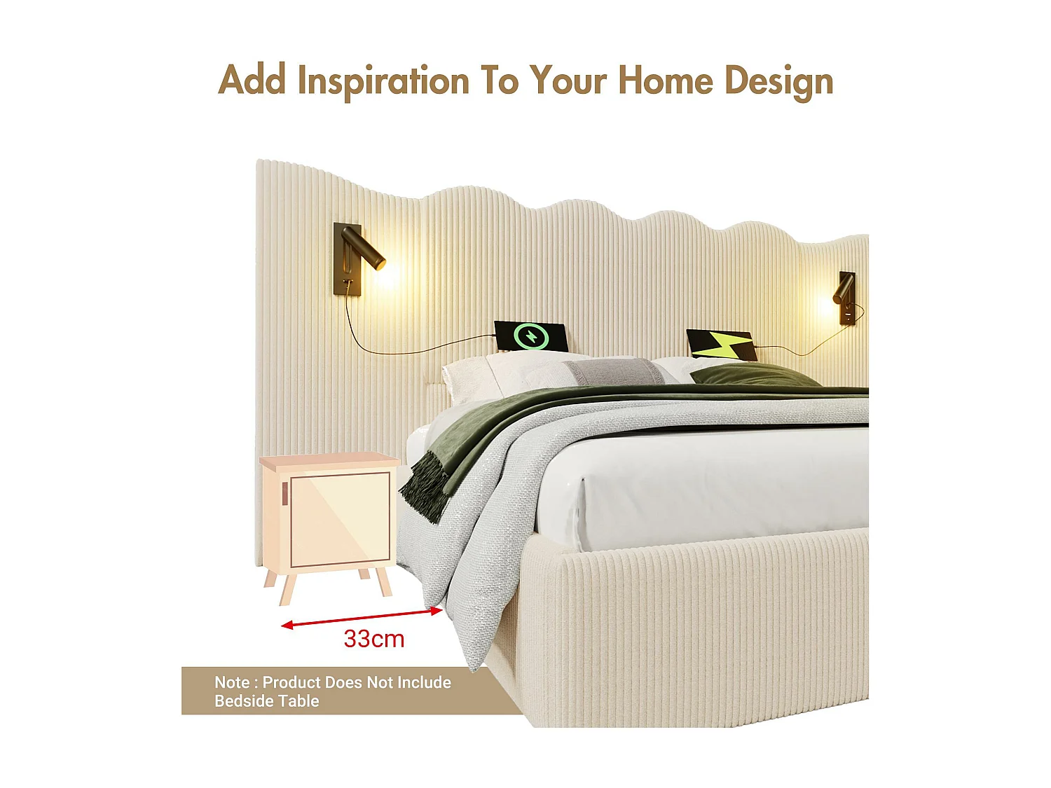 Bett mit Stauraum, 160 x 200 cm, aus Cord – mit Leselicht und Ladefunktion – mit Lattenrost – Beige