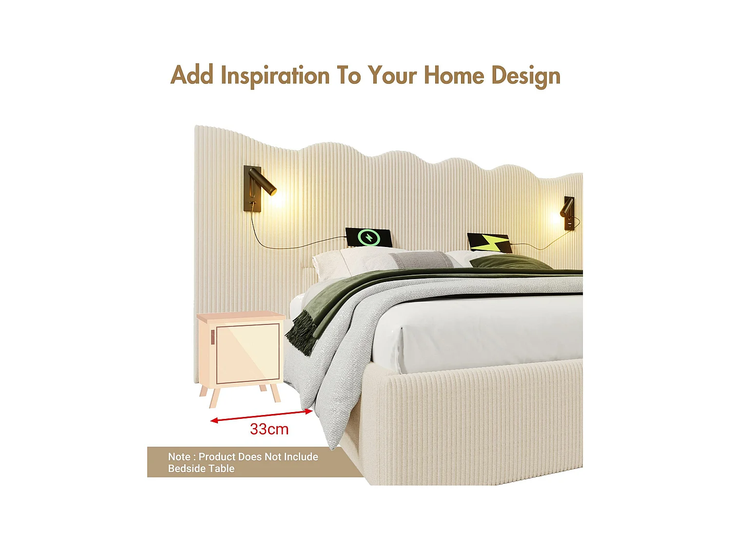 Opbergbed 160x200cm in corduroy - met leeslampje en laadfunctie - met lattenbodem - Beige