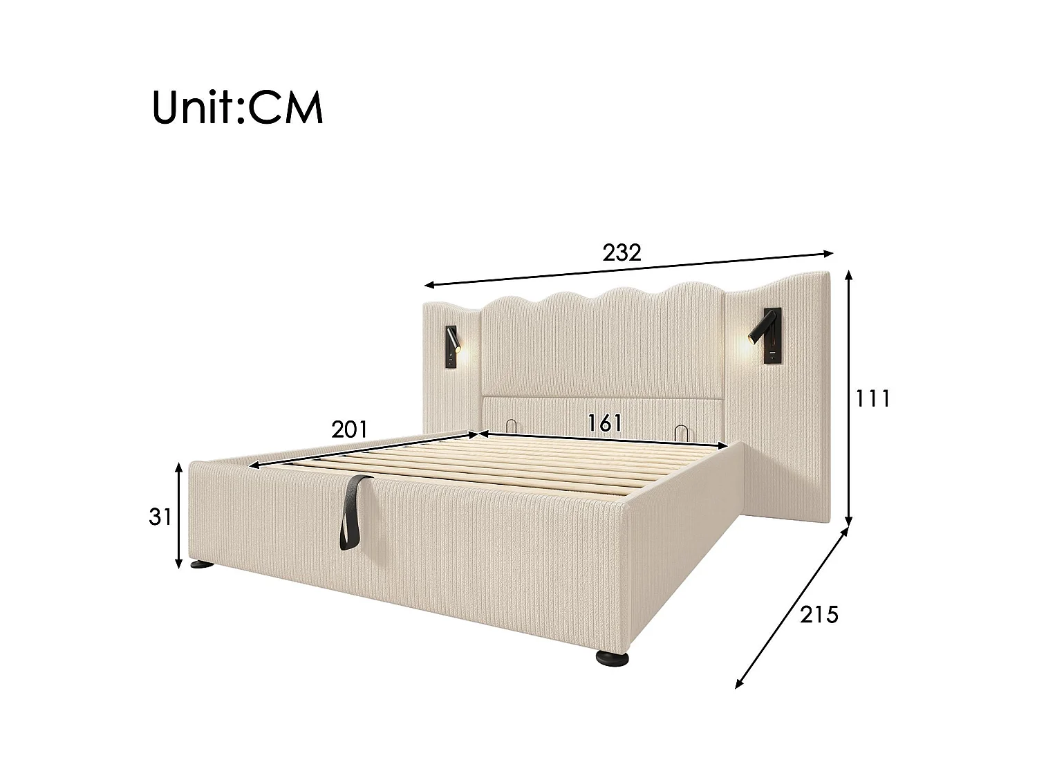 Opbergbed 160x200cm in corduroy - met leeslampje en laadfunctie - met lattenbodem - Beige