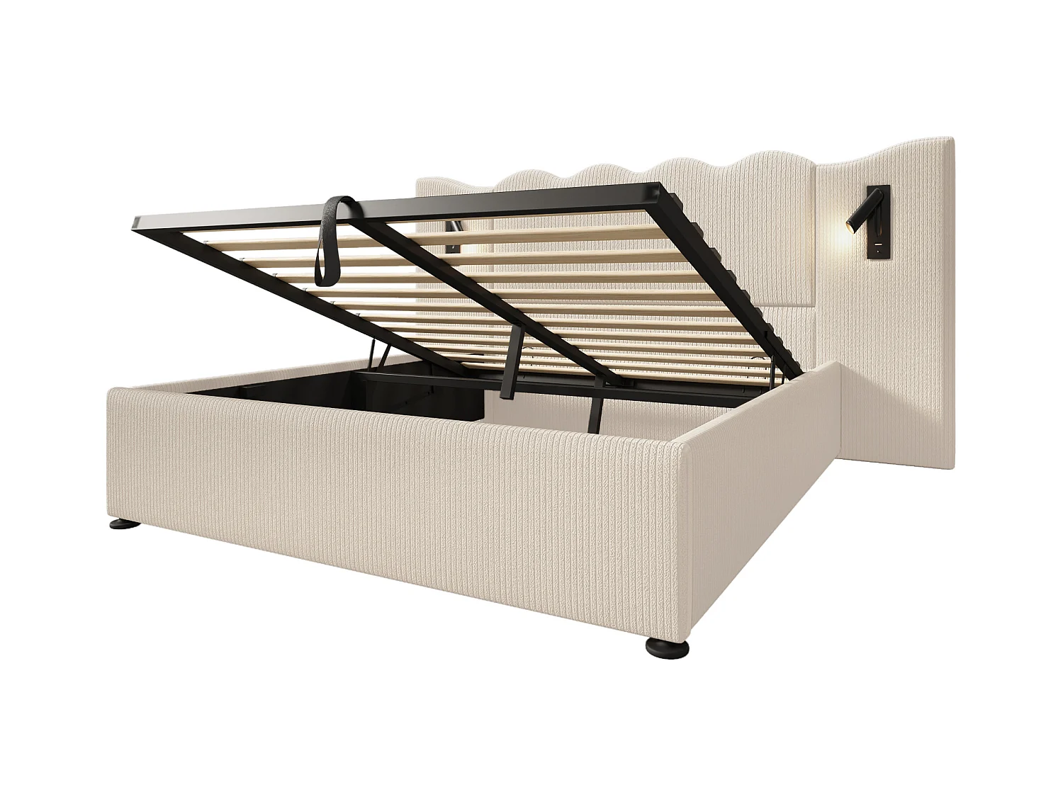 Opbergbed 160x200cm in corduroy - met leeslampje en laadfunctie - met lattenbodem - Beige