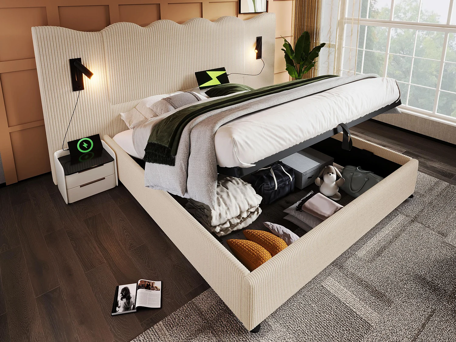 Bett mit Stauraum, 160 x 200 cm, aus Cord – mit Leselicht und Ladefunktion – mit Lattenrost – Beige