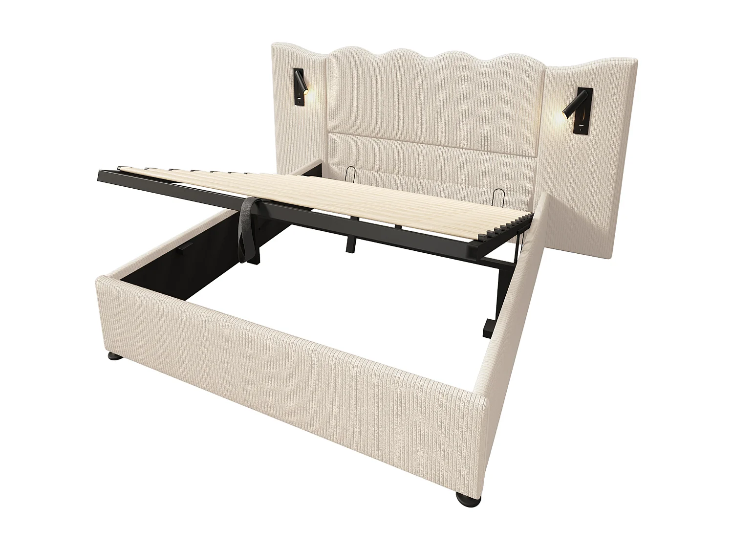 Bett mit Stauraum, 160 x 200 cm, aus Cord – mit Leselicht und Ladefunktion – mit Lattenrost – Beige