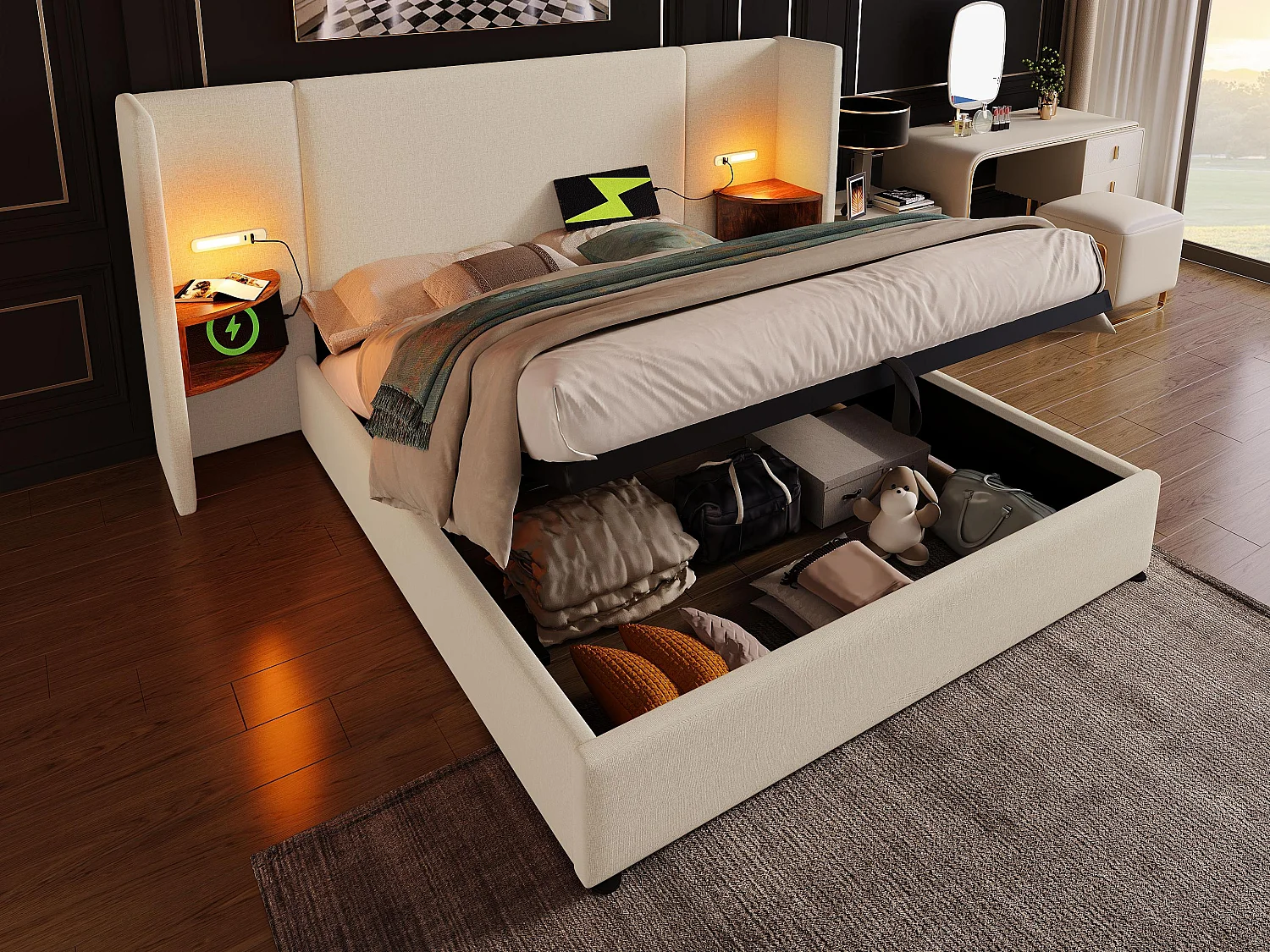 Letto contenitore biancheria 180x200 cm - 2 comodini con luce di lettura e funzione di caricamento - con rete a doghe - Beige