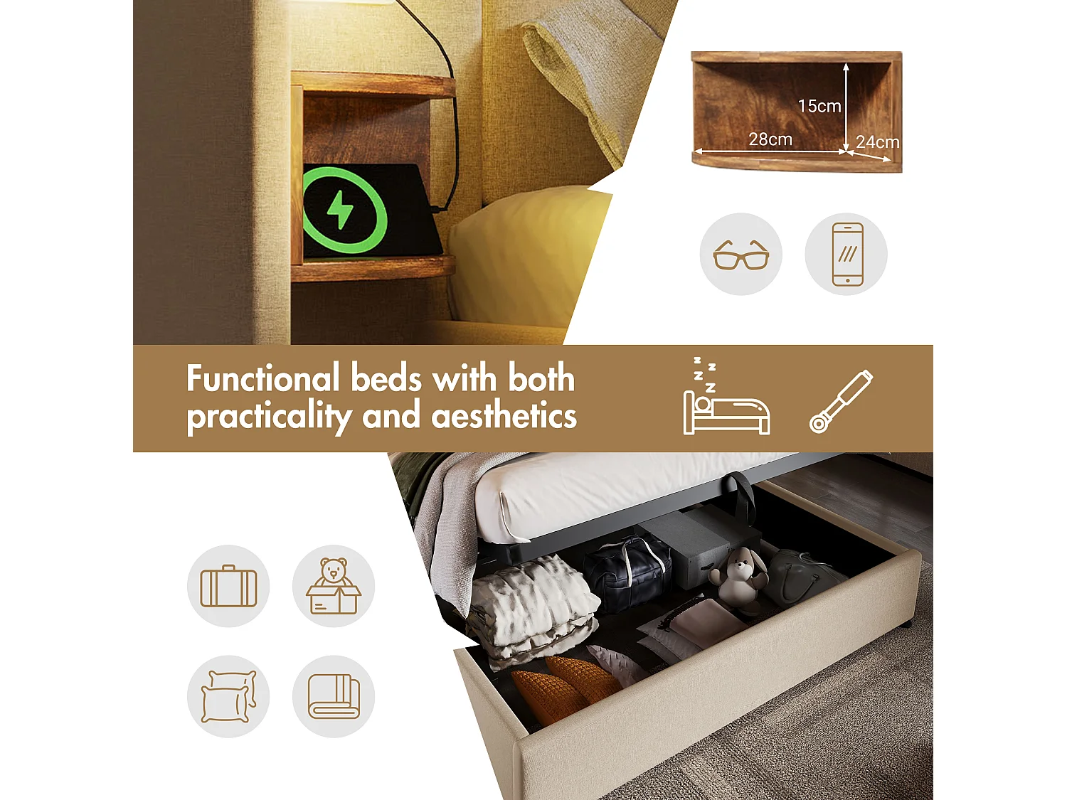 Letto contenitore biancheria 180x200 cm - 2 comodini con luce di lettura e funzione di caricamento - con rete a doghe - Beige