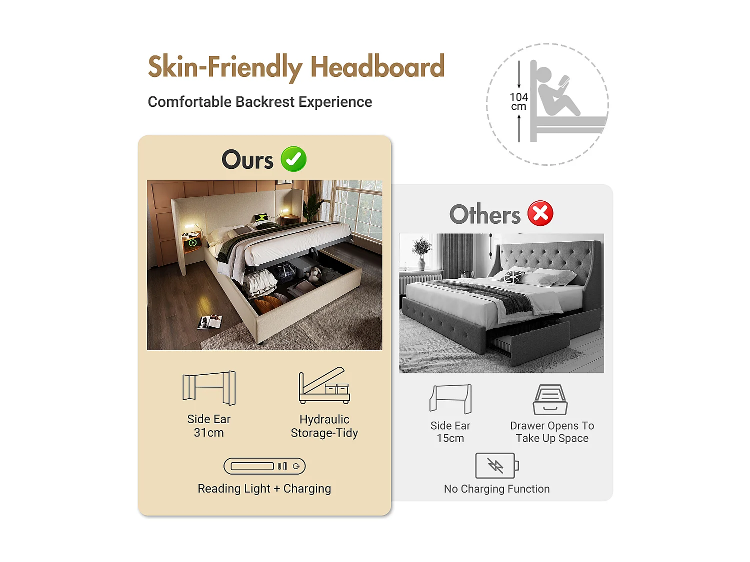 Letto contenitore biancheria 180x200 cm - 2 comodini con luce di lettura e funzione di caricamento - con rete a doghe - Beige