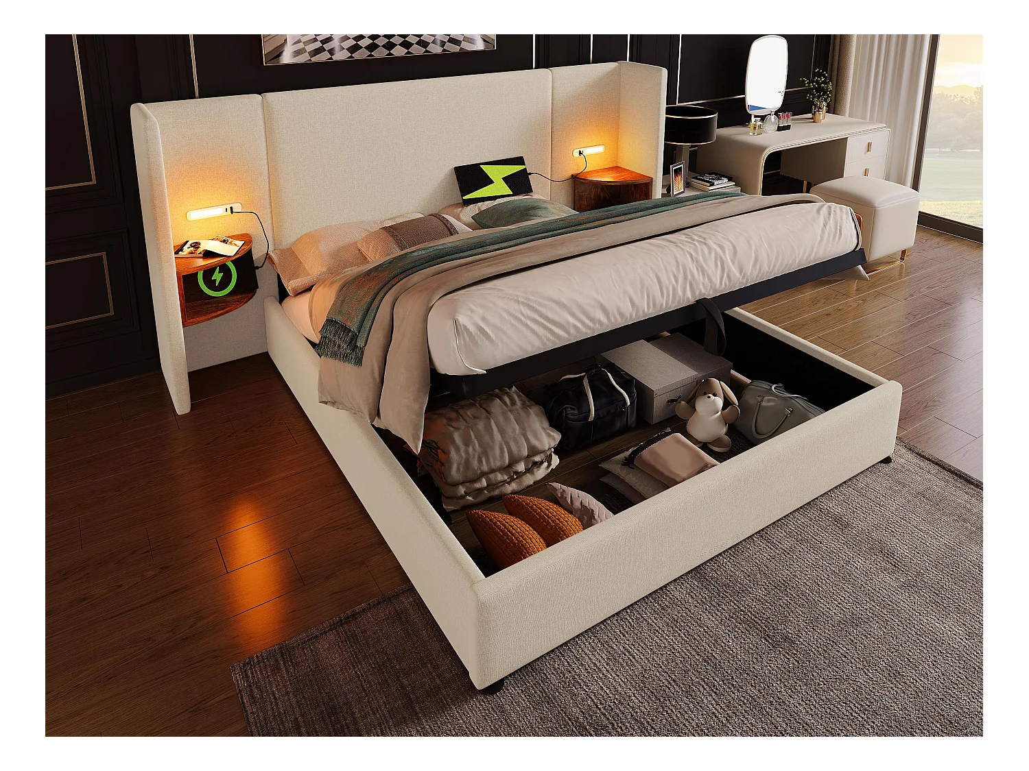 Lit coffre 180x200cm en lin - 2 tables de chavet avec liseuse et fonction chargement - avec sommier à lattes - Beige