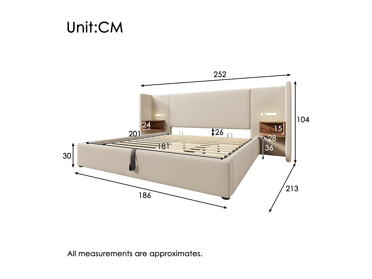 180 x 200 cm großes Bett mit Stauraum aus Leinen – 2 Nachttische mit Leselampe und Ladefunktion – mit Lattenrost – Beige