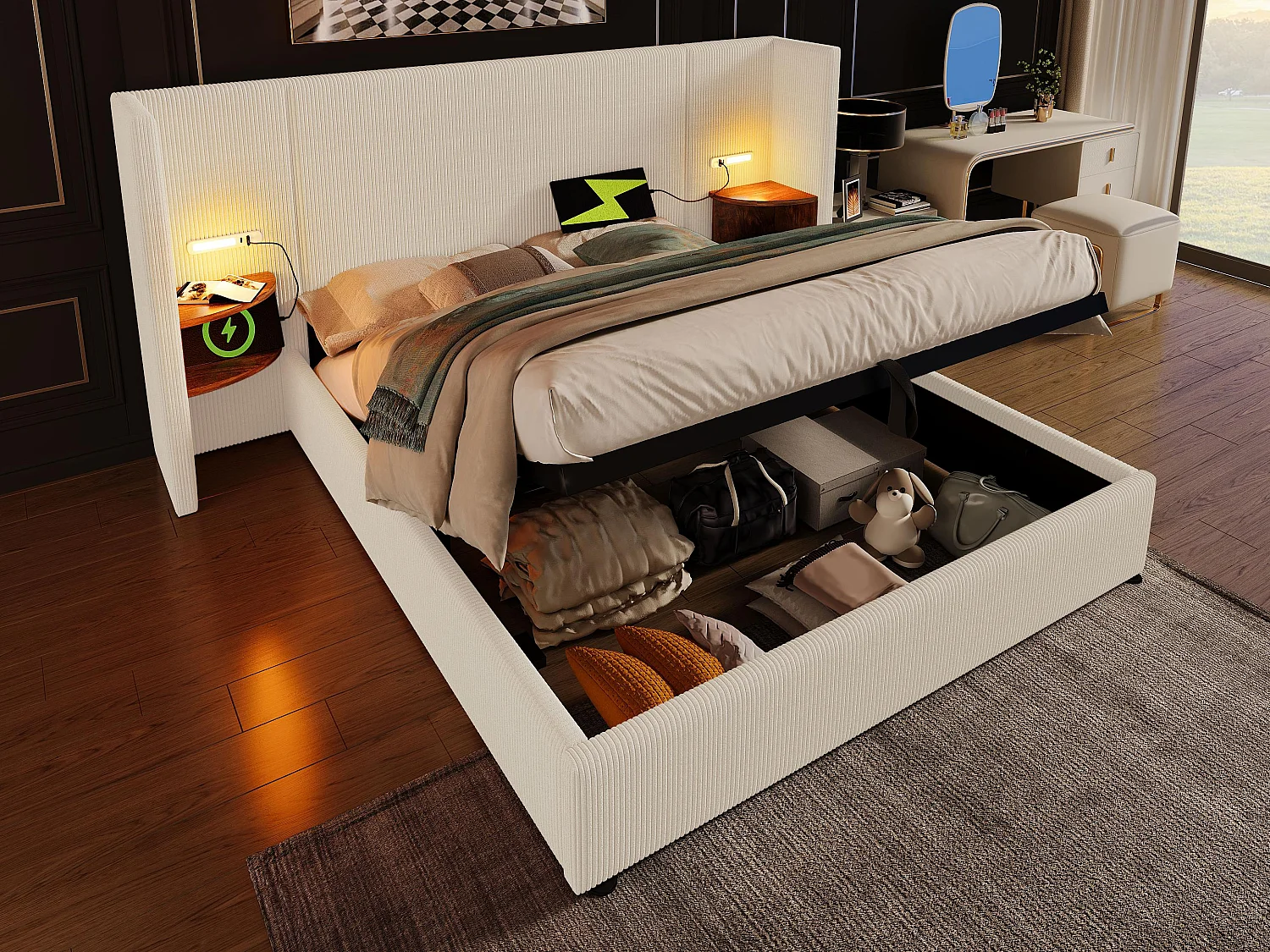 Cama de arrumação em bombazine 180x200cm - 2 mesas de cabeceira com luz de leitura e função de carregamento - com base de ripas - Bege