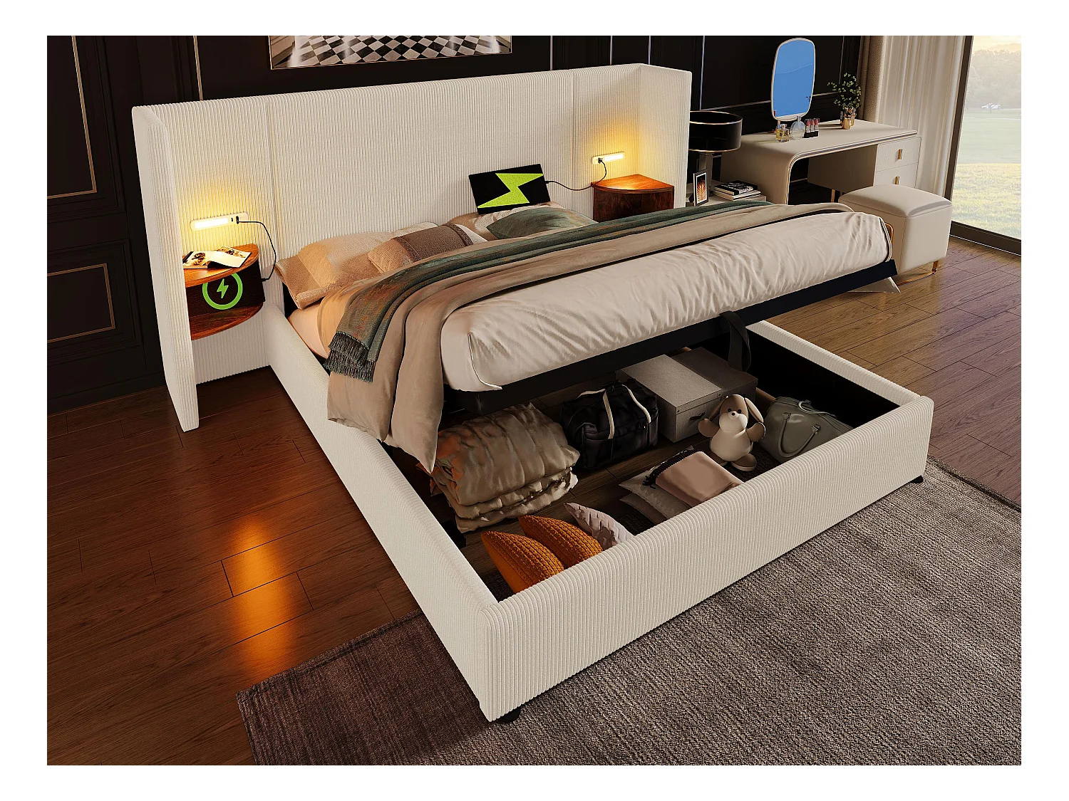 Lit coffre 180x200cm en velours côtelé - 2 tables de chevet avec liseuse et fonction chargement - avec sommier à lattes - Beige