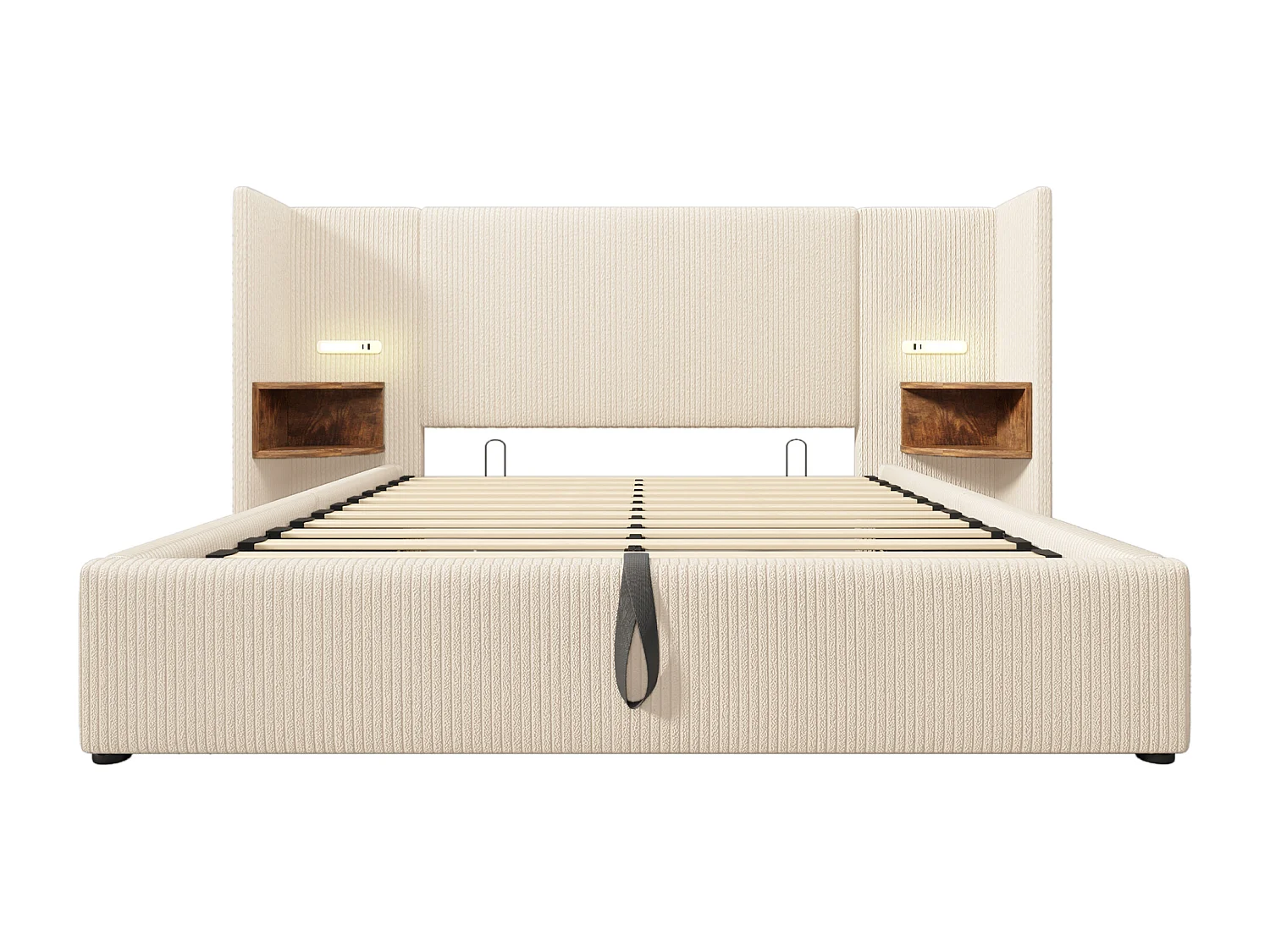 Lit coffre 180x200cm en velours côtelé - 2 tables de chevet avec liseuse et fonction chargement - avec sommier à lattes - Beige