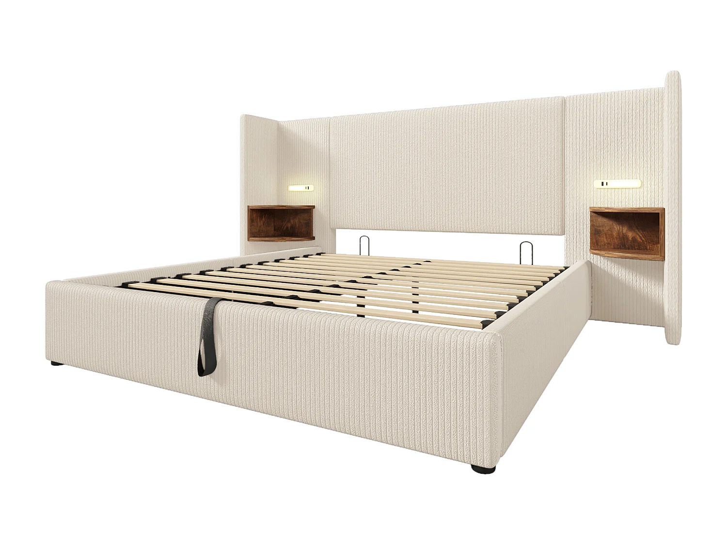 Lit coffre 180x200cm en velours côtelé - 2 tables de chevet avec liseuse et fonction chargement - avec sommier à lattes - Beige